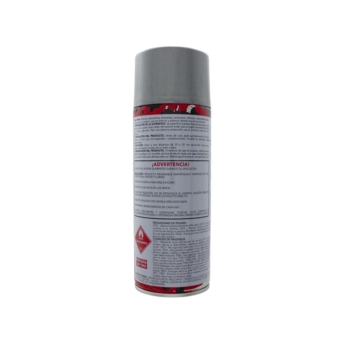 Lata de pintura en aerosol con etiqueta de seguridad, rombo inflamable e instrucciones de uso para ferretería.