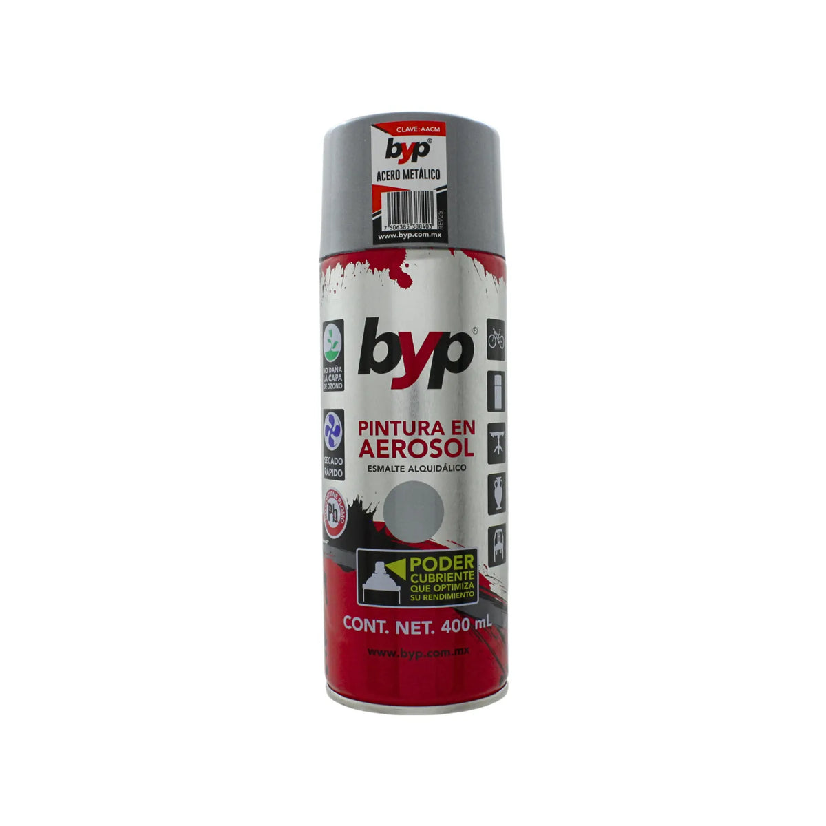 Pintura en aerosol byp acero metálico 400ml esmalte alquidálico de secado rápido y alto poder cubriente