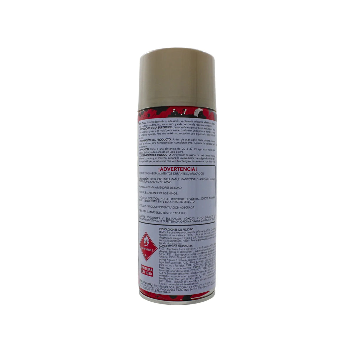 Pintura en aerosol beige para superficies de metal, madera y plástico con instrucciones de seguridad y uso.