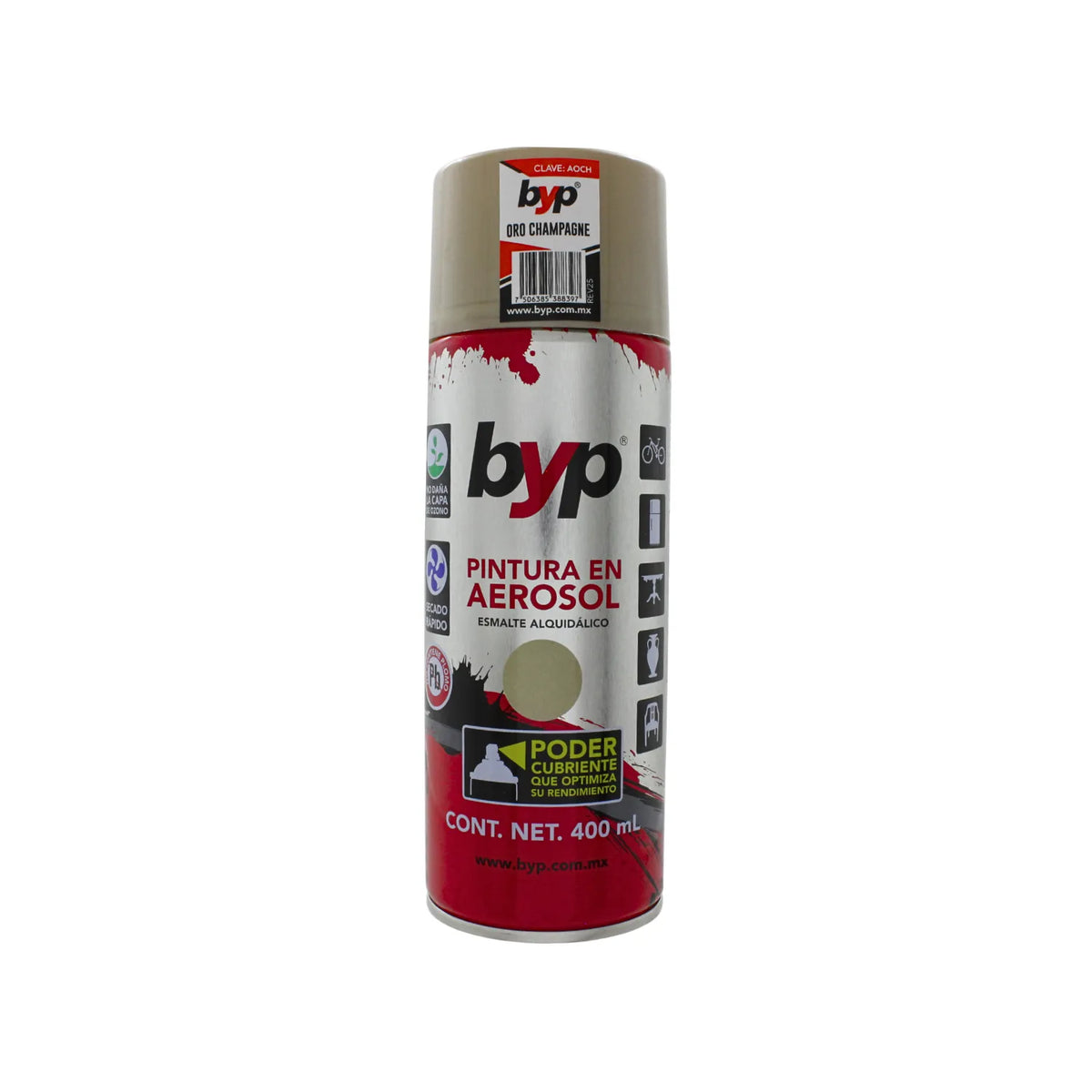Pintura en aerosol BYP color oro champagne 400ml esmalte alquidálico de secado rápido y alto poder cubriente