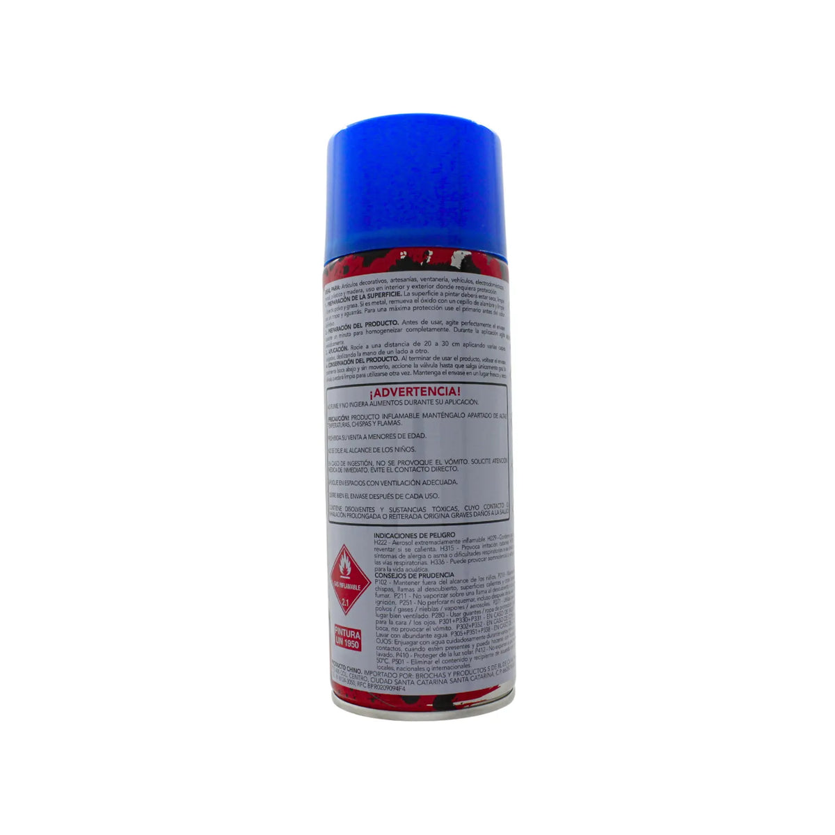 Pintura en aerosol azul para madera y metal con etiquetas de advertencia y guía de aplicación para ferretería
