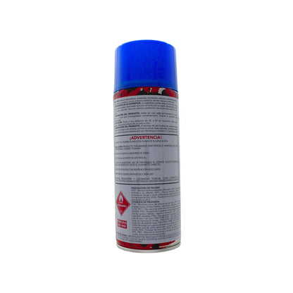 Pintura en aerosol azul para madera y metal con etiquetas de advertencia y guía de aplicación para ferretería