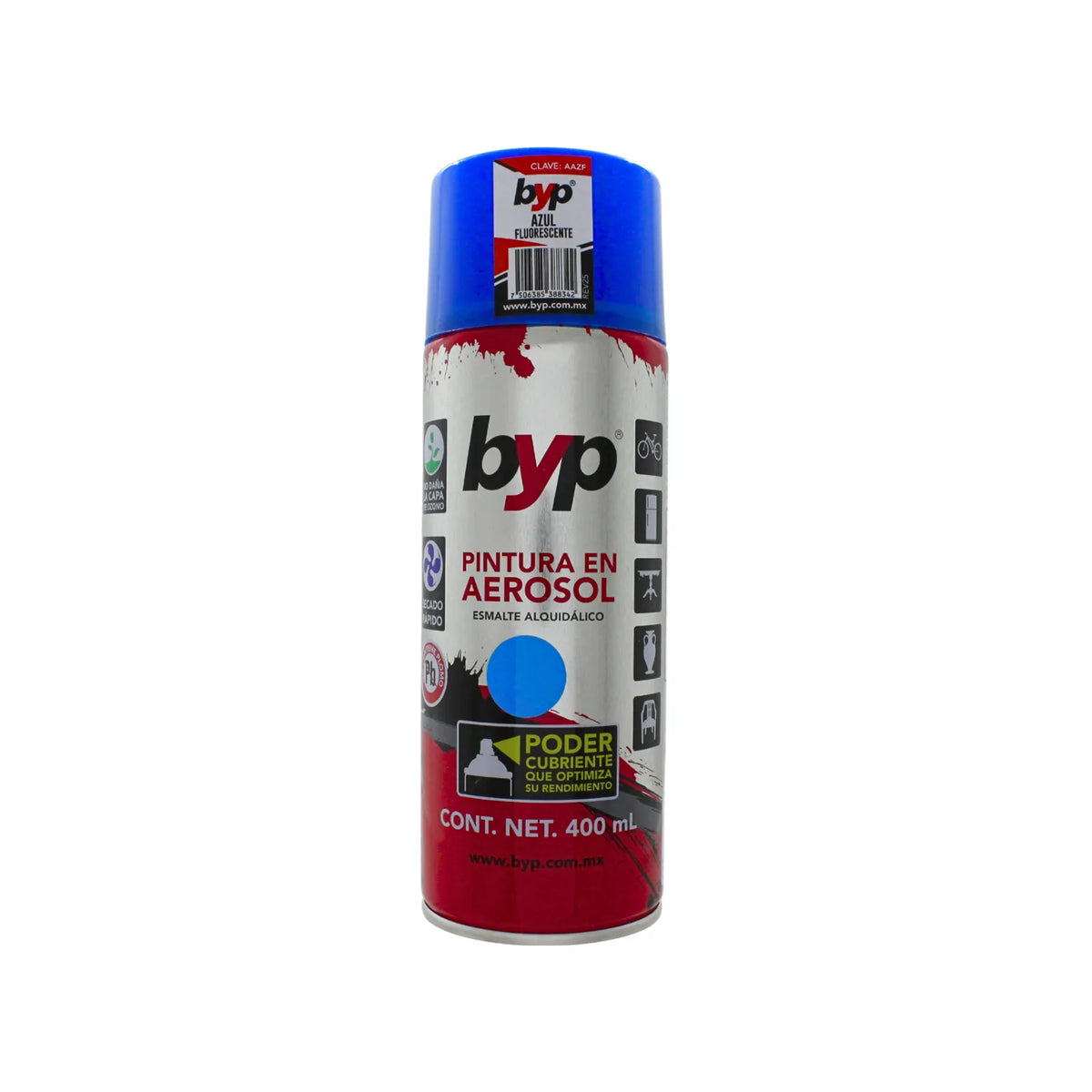 Pintura en aerosol BYP azul fluorescente 400ml esmalte alquidálico de alto poder cubriente y secado rápido.