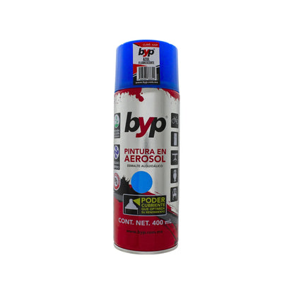 Pintura en aerosol BYP azul fluorescente 400ml esmalte alquidálico de alto poder cubriente y secado rápido.