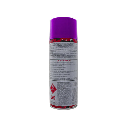 Pintura en aerosol color púrpura con instrucciones de uso y advertencias de seguridad en español para ferretería