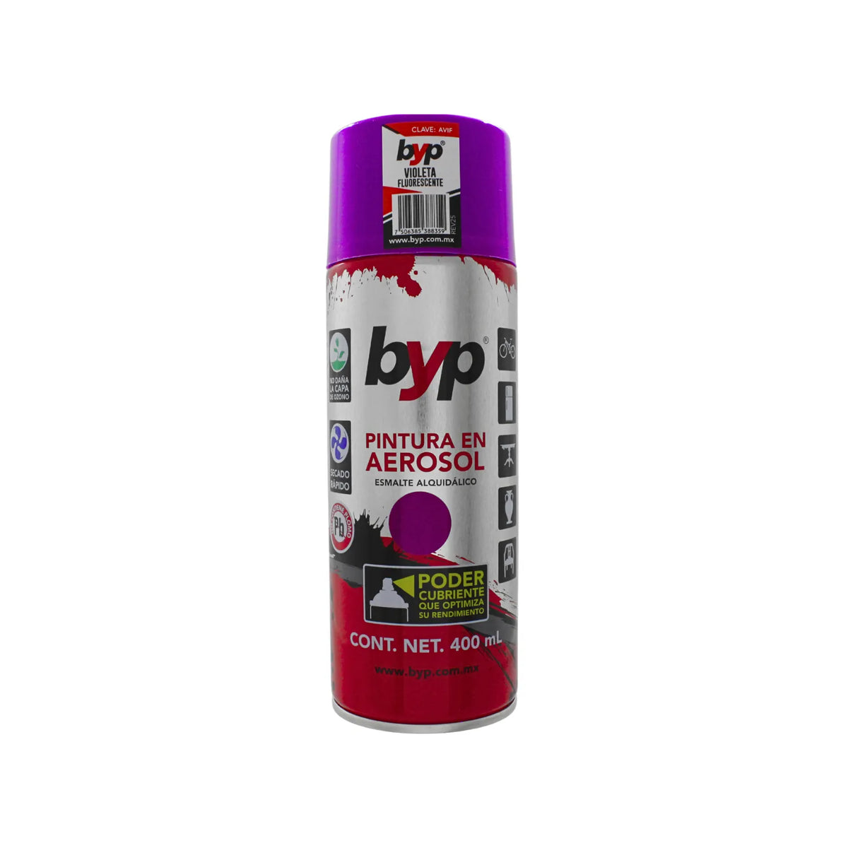 Pintura en aerosol BYP violeta fluorescente 400ml esmalte alquidálico secado rápido y alto poder cubriente.
