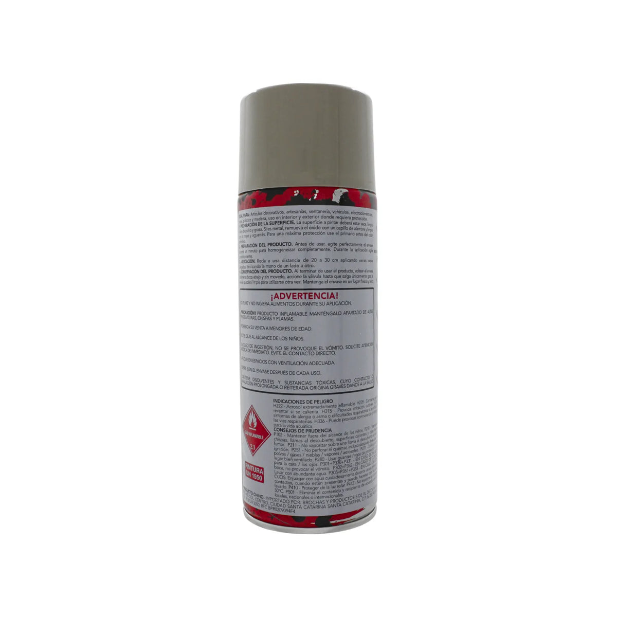 Pintura en aerosol color plata para superficies de metal y madera con advertencia de seguridad e instrucciones de uso