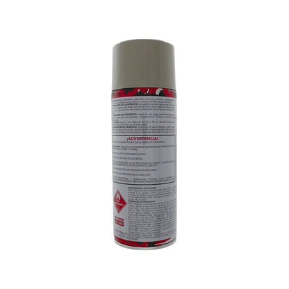 Pintura en aerosol color plata para superficies de metal y madera con advertencia de seguridad e instrucciones de uso