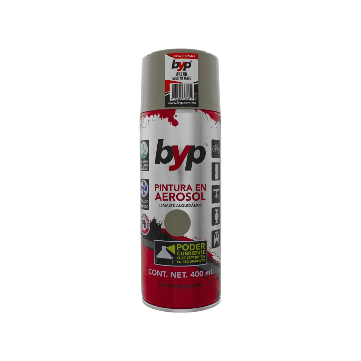Pintura en aerosol BYP esmalte alquidálico color arena militar mate 400ml de secado rápido y alto poder cubriente.