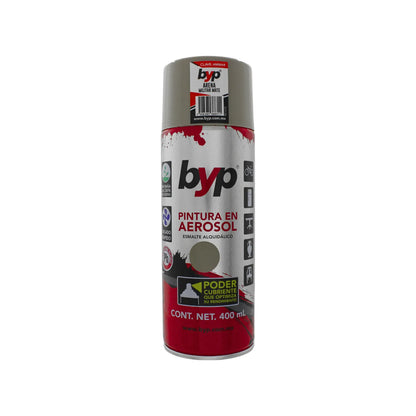 Pintura en aerosol BYP esmalte alquidálico color arena militar mate 400ml de secado rápido y alto poder cubriente.