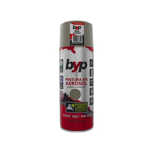 Pintura en aerosol BYP esmalte alquidálico color arena militar mate 400ml de secado rápido y alto poder cubriente.