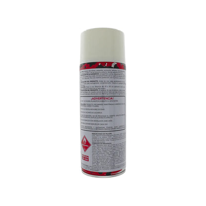 Pintura en aerosol con tapa blanca etiquetas de seguridad e instrucciones para superficies de metal plástico y madera