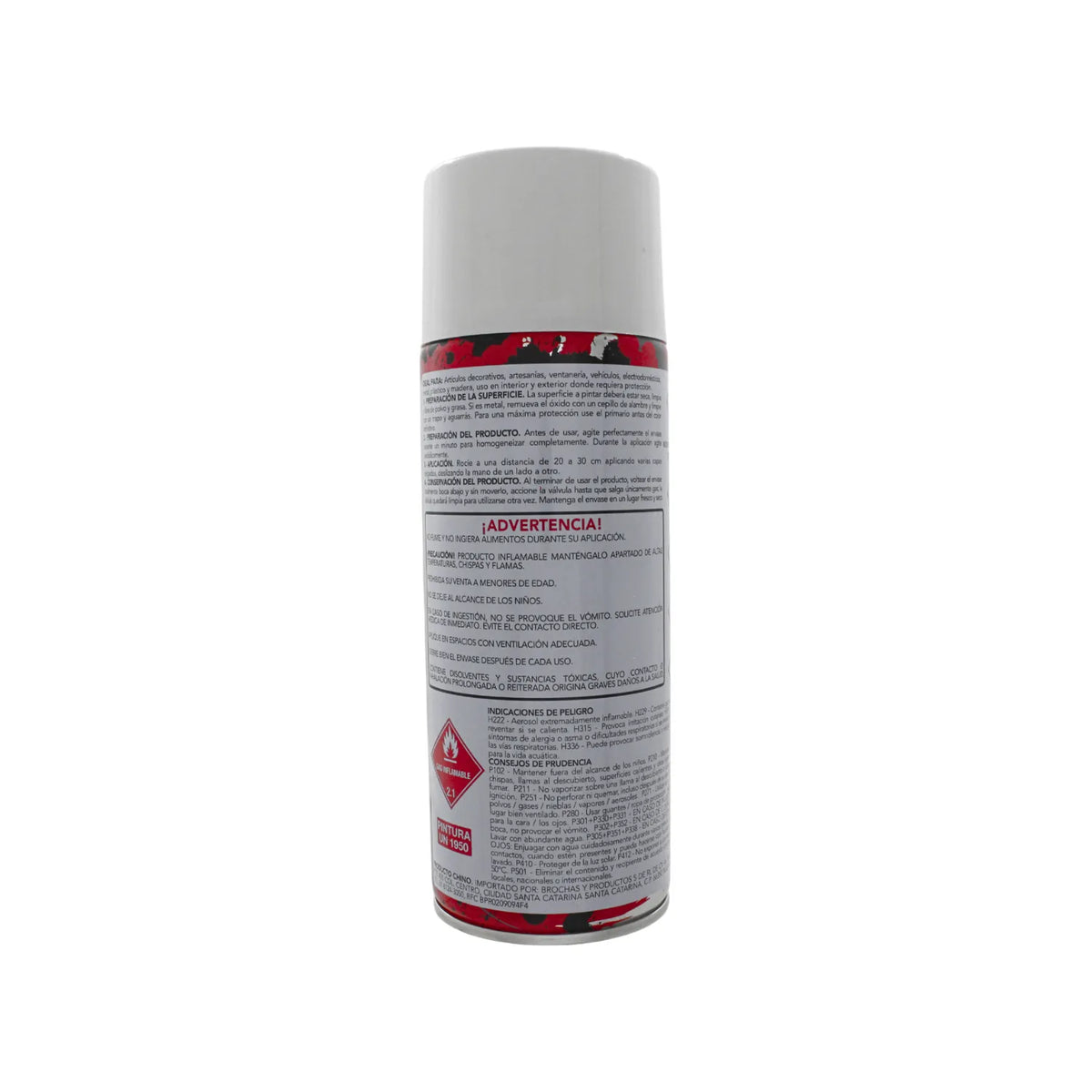 Lata de pintura en aerosol roja con etiqueta de instrucciones de uso y advertencias de seguridad para ferretería.