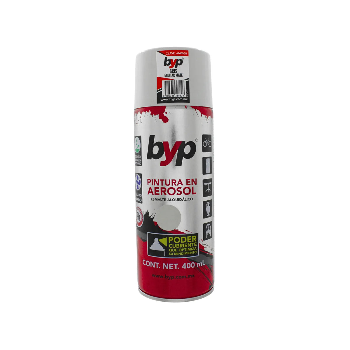 Pintura en aerosol BYP gris militar mate 400ml esmalte alquidálico de secado rápido y alto poder cubriente