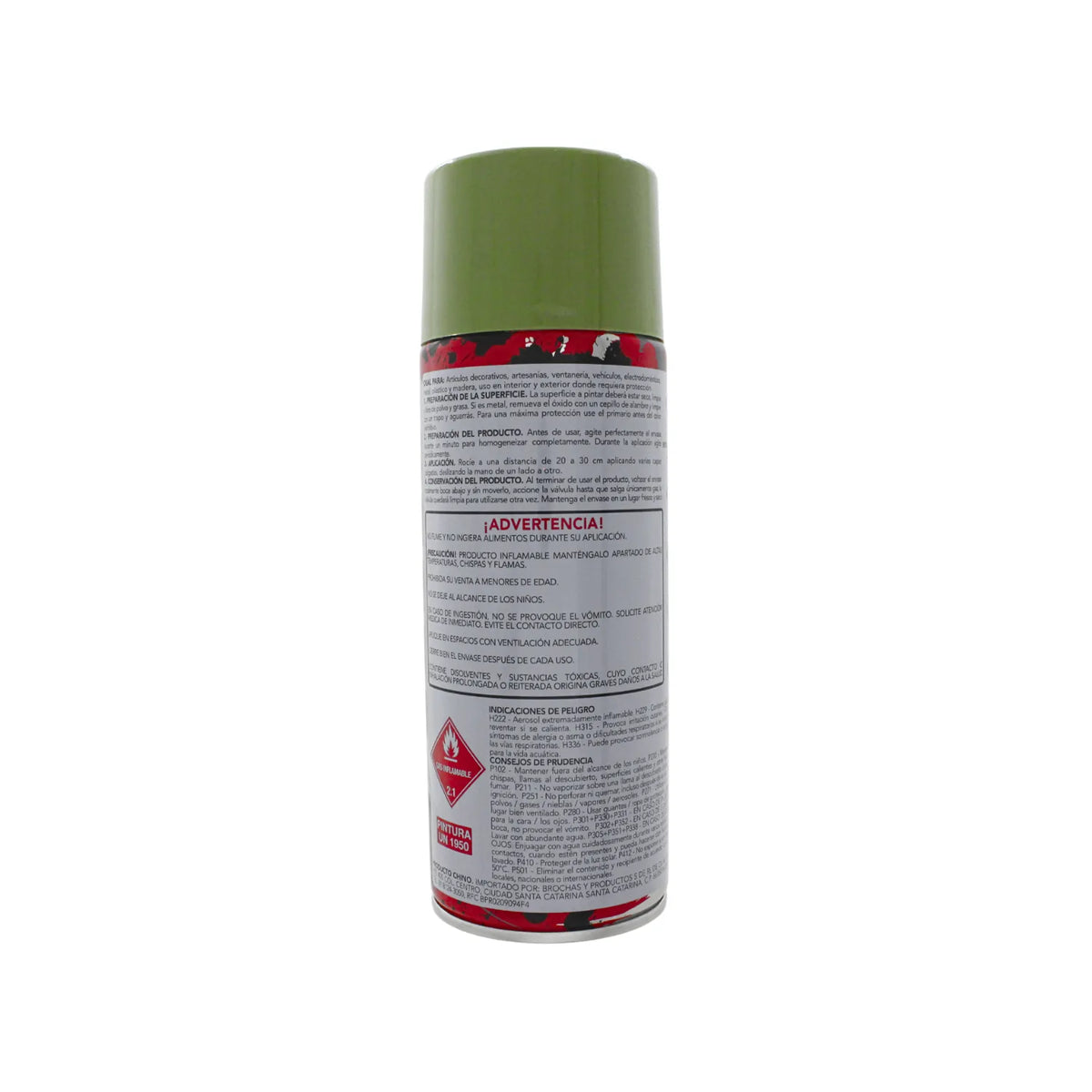 Pintura en aerosol verde olivo multiusos para superficies de metal madera y plástico con secado rápido.
