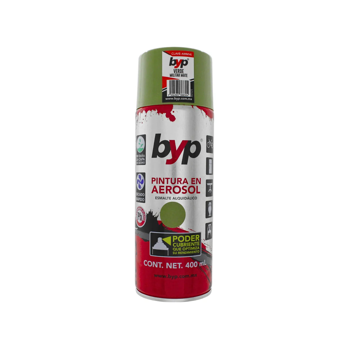 Pintura en aerosol BYP verde militar mate 400ml esmalte alquidálico de secado rápido y alto poder cubriente