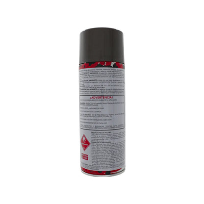 Envase de pintura en aerosol con instrucciones detalladas, advertencias de seguridad y rombo de gas inflamable.