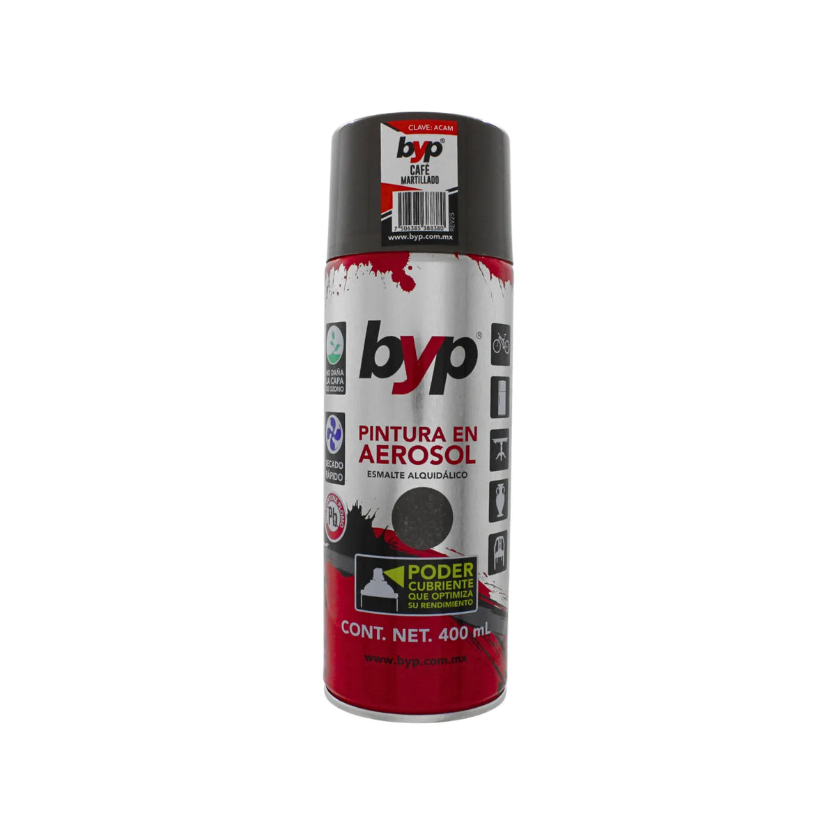Pintura en aerosol byp café martillado 400ml esmalte alquidálico de secado rápido y alto poder cubriente.
