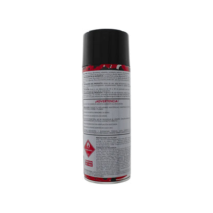 Pintura en aerosol negra para metal, madera y plástico con instrucciones de aplicación y advertencias de seguridad.