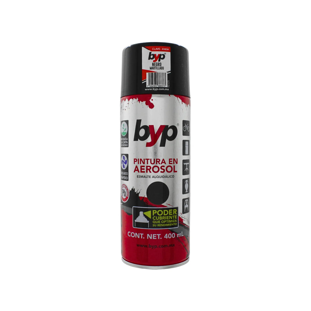 Pintura en aerosol byp negro martillado 400ml esmalte alquidálico de alto poder cubriente para superficies metálicas.