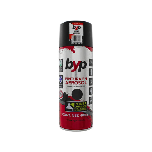 Pintura en aerosol byp negro martillado 400ml esmalte alquidálico de alto poder cubriente para superficies metálicas.