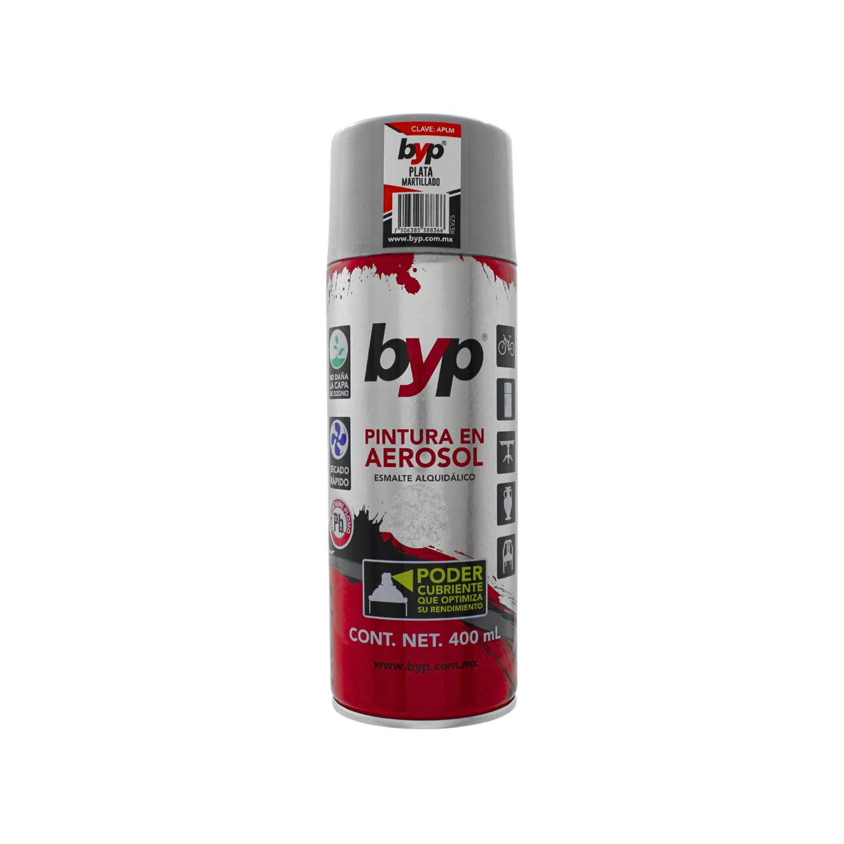 Pintura en aerosol BYP plata martillado 400ml esmalte alquidálico de secado rápido