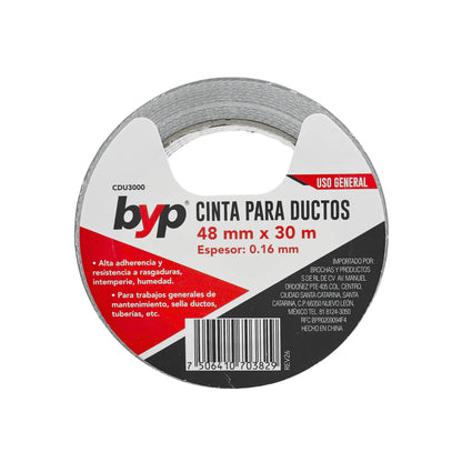 Cinta para ductos plateada marca byp de 48 mm x 30 m de alta adherencia para reparaciones y sellado de tuberías.