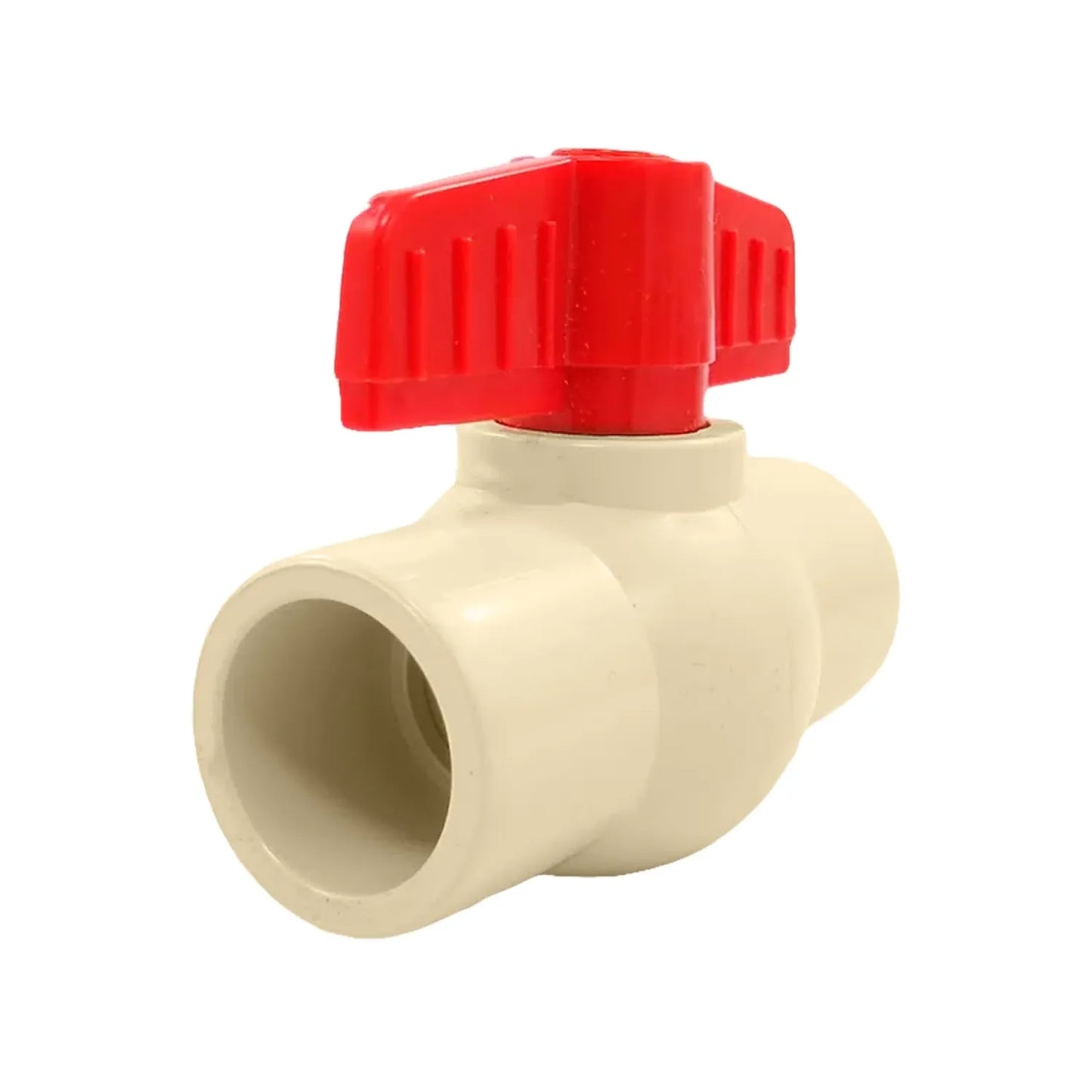 Válvula esfera CPVC 1/2" (13mm) para cementar, cuerpo beige y manija roja, uso en instalaciones de plomería.
