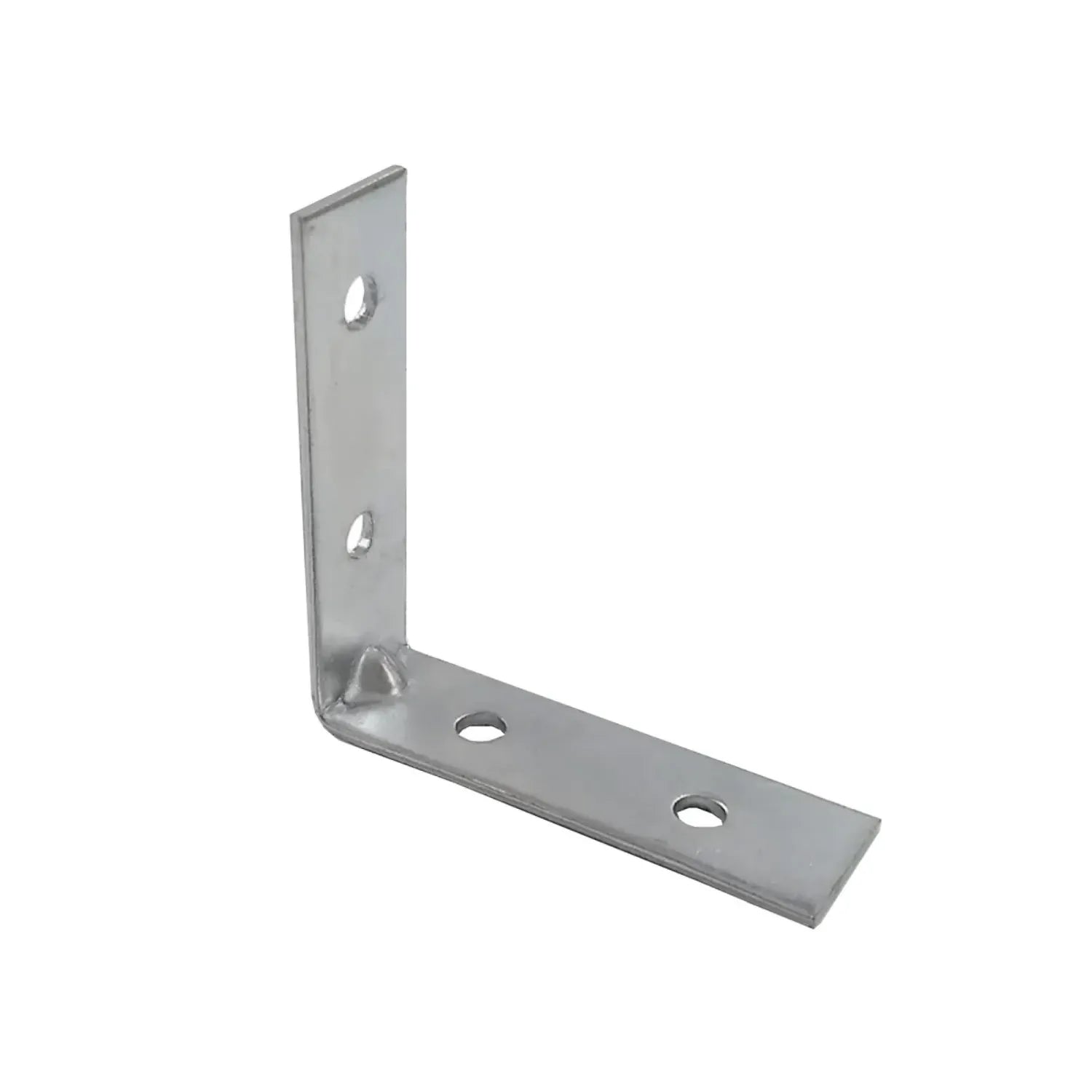 Escuadra de refuerzo metálica en L de acero galvanizado con cuatro orificios para fijación de muebles y carpintería
