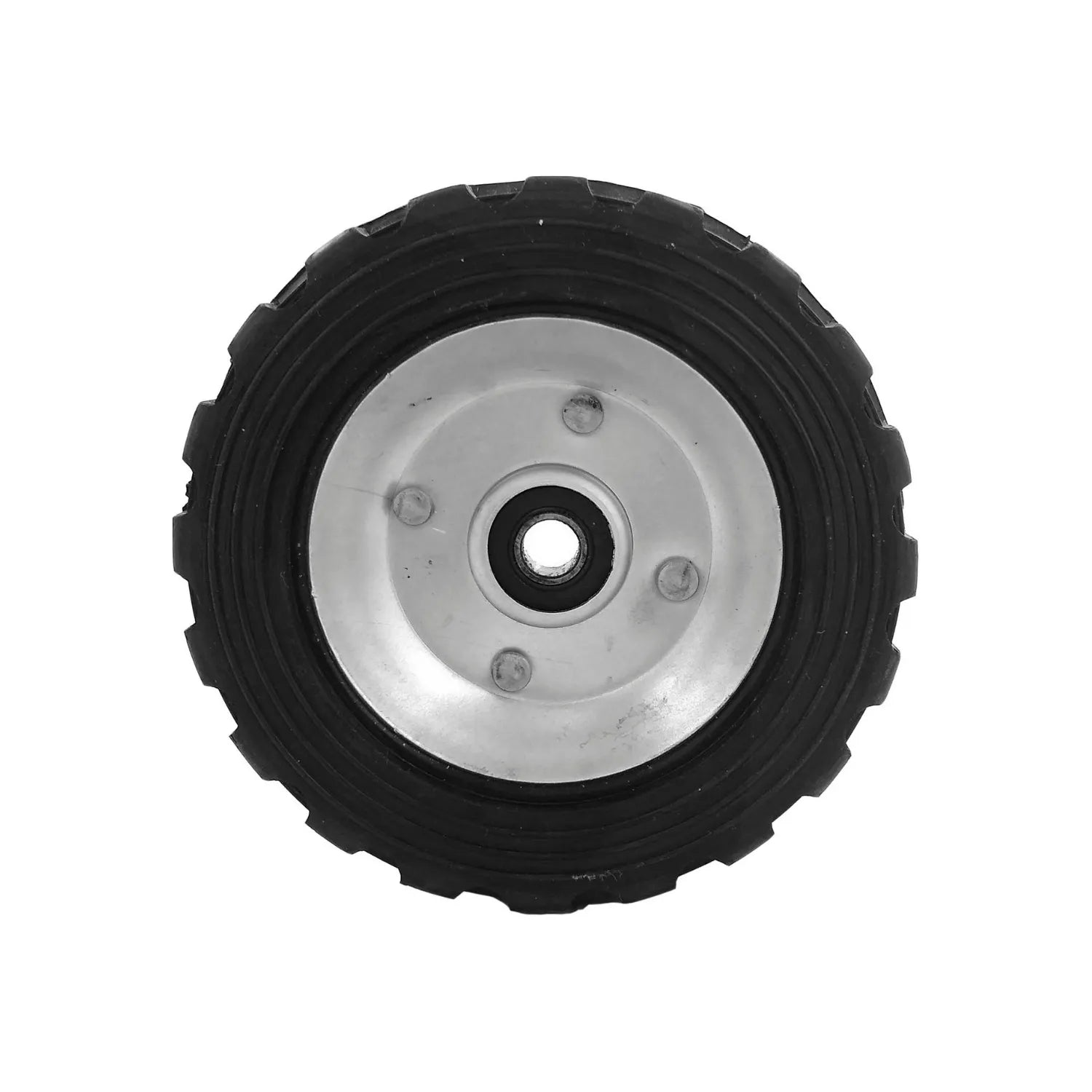 Rueda de hule negra 5 pulgadas con balero y centro metálico plateado, para carretillas y equipos de ferretería