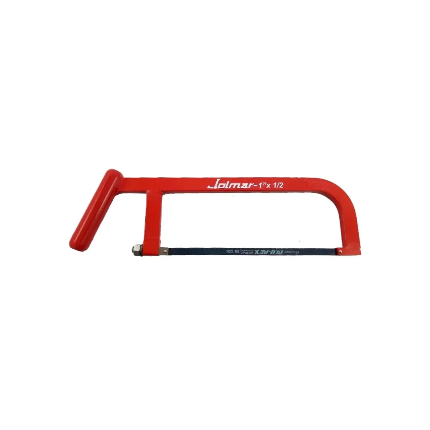 Segueta de arco profesional Jolmar con mango ergonómico rojo y hoja de sierra de metal para cortes precisos