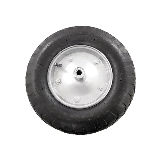 Llanta neumática reforzada.,Mayor estabilidad y menos atascamiento.,Para carretilla.,Incluye: rin, eje y baleros.,Medida: 16"x4" (406 mm x 102 mm).