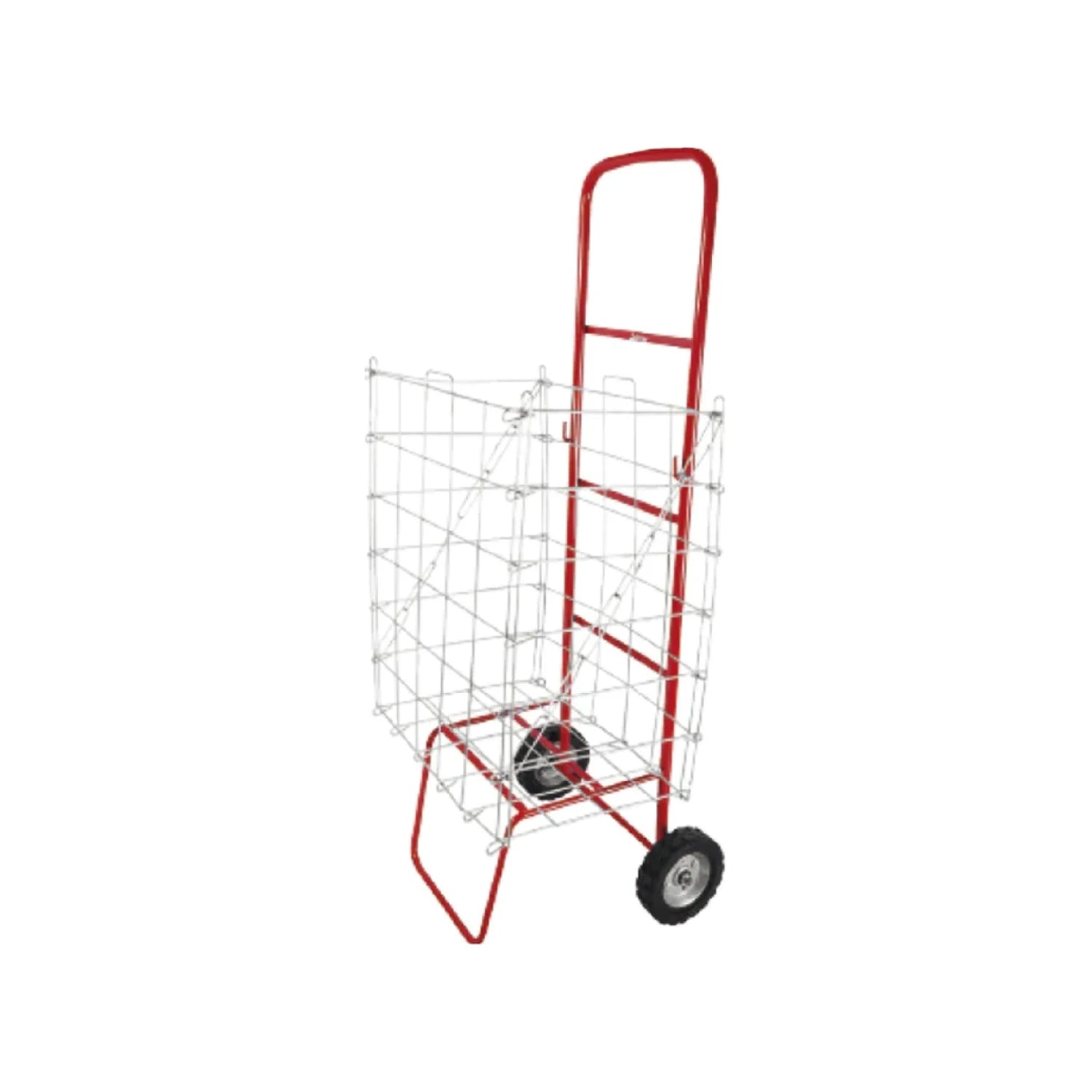 Carrito de mandado con canastilla de alambre plateado y estructura metálica roja con ruedas