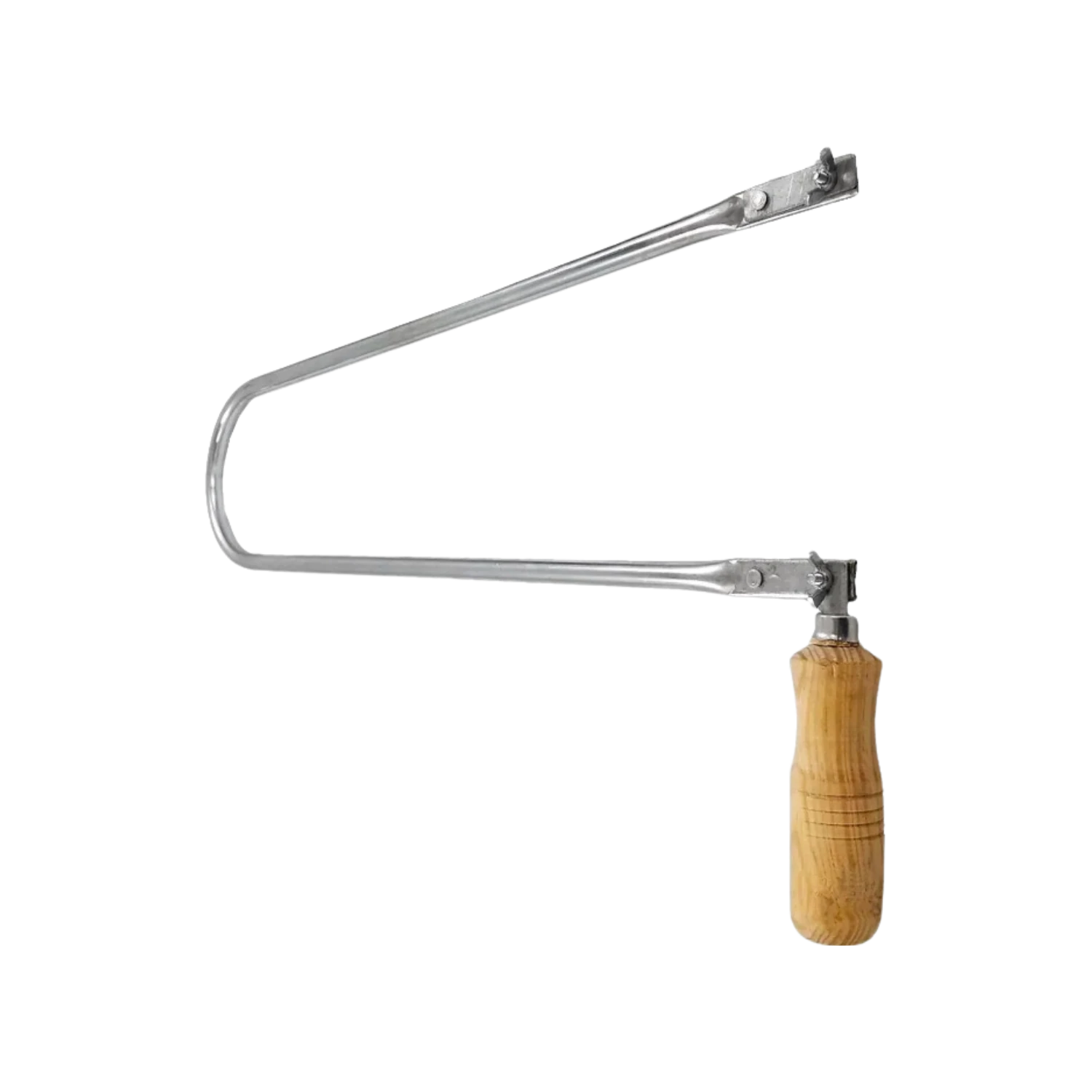 Arco de segueta tubular metálico con mango de madera. Herramienta manual de corte.