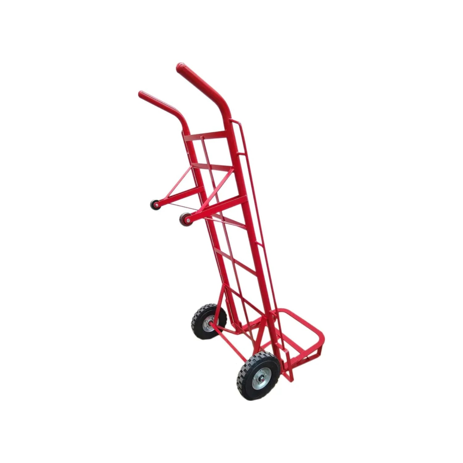 Diablo de carga rojo con patín y 4 ruedas, ideal para transporte vertical y horizontal de mercancía.