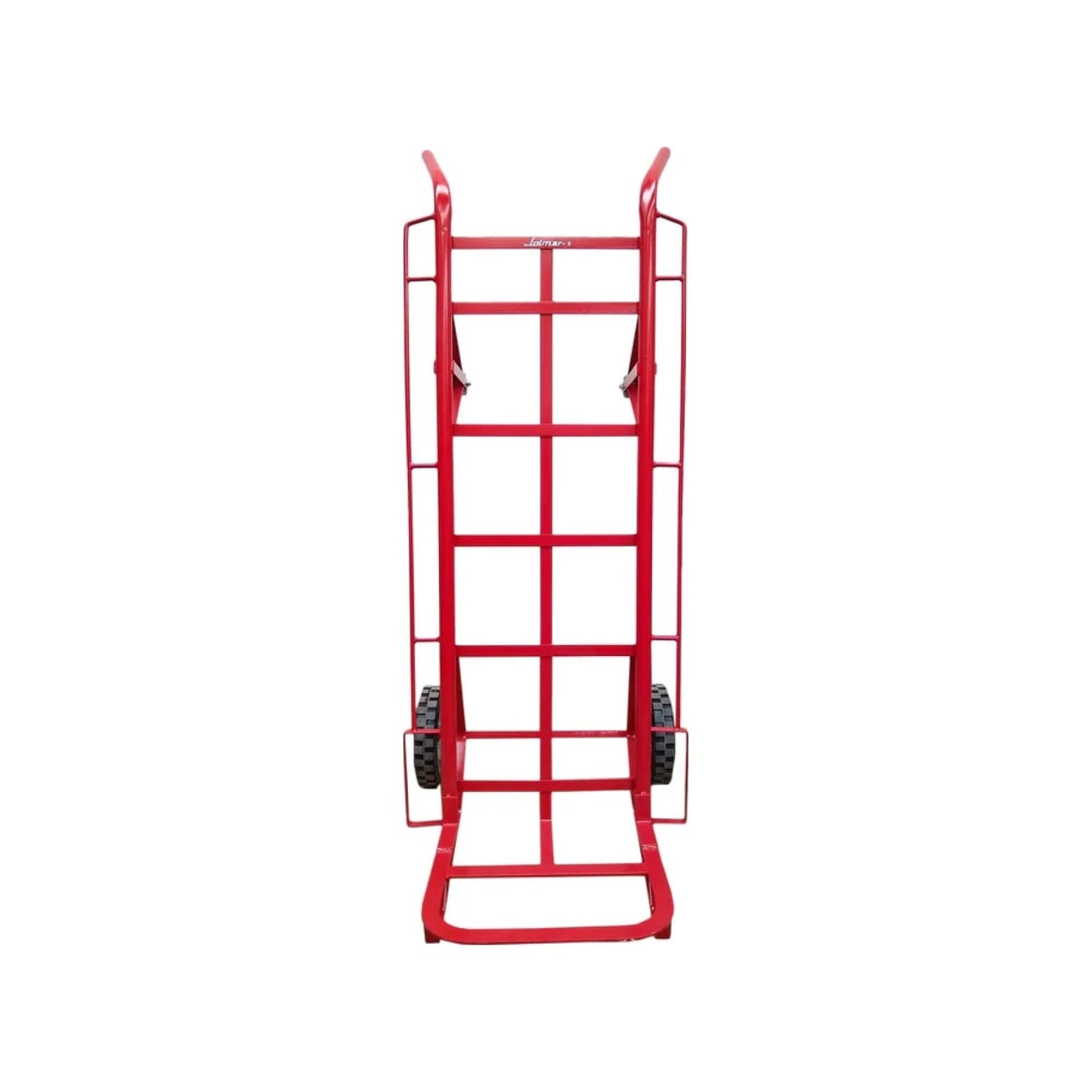 Diablo de carga Jolmar rojo de acero con ruedas grandes y patín, ideal para mover objetos pesados