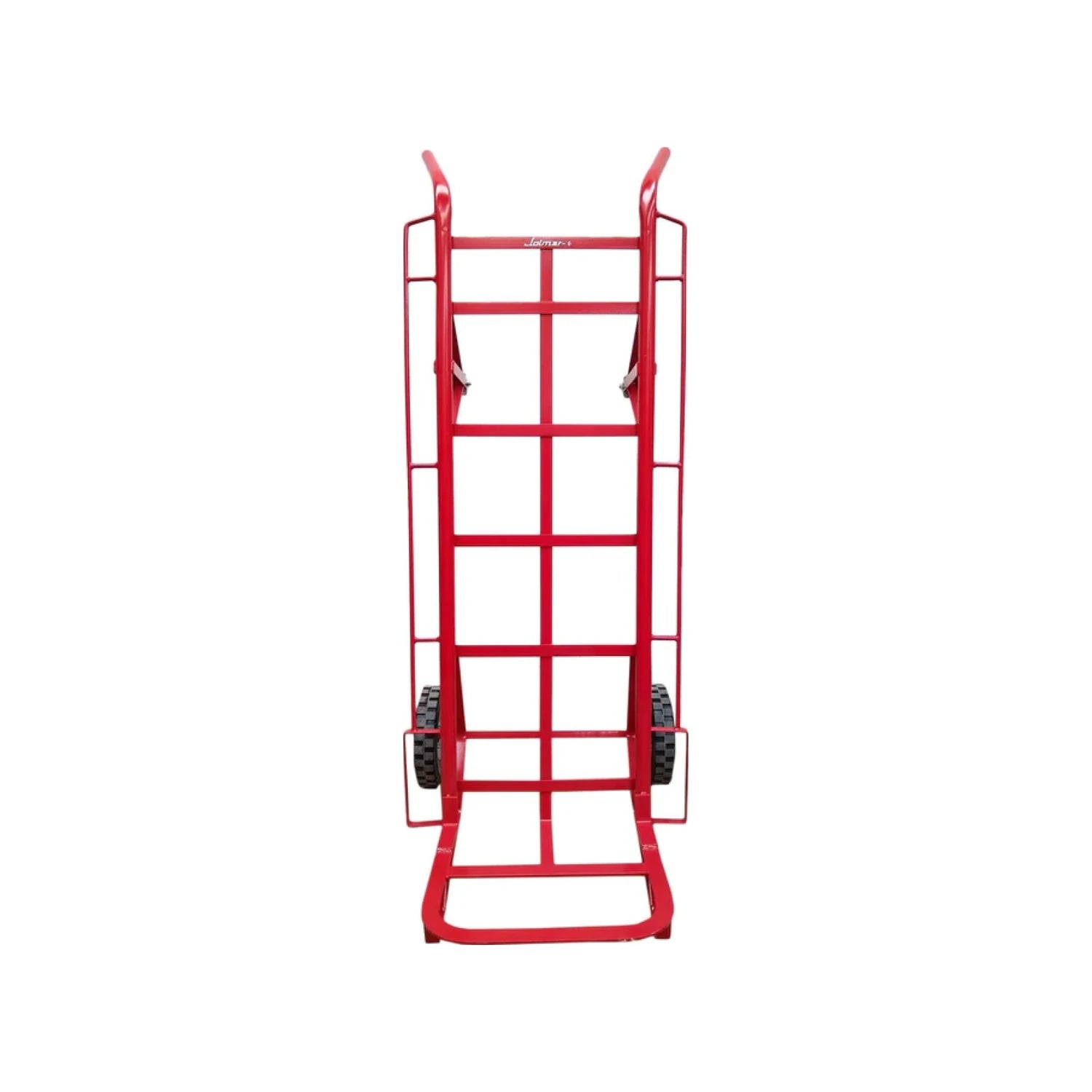 Diablo de carga Jolmar rojo de acero con ruedas grandes y patín, ideal para mover objetos pesados