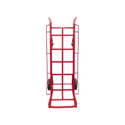 Diablo de carga Jolmar rojo de acero con ruedas grandes y patín, ideal para mover objetos pesados