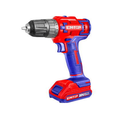 Taladro atornillador inalámbrico EMTOP 20V Li-ion, diseño rojo y azul con batería 2.0Ah.