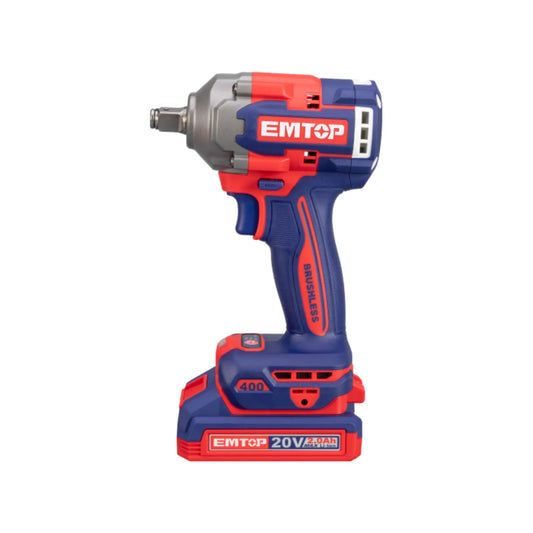 Llave de impacto inalámbrica EMTOP 20V 1/2" azul/roja, motor Brushless, batería 2.0Ah Li-Ion