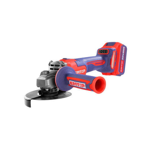 Esmeriladora angular inalámbrica EMTOP 20V con batería de litio, diseño rojo y azul, ideal para corte y desbaste.