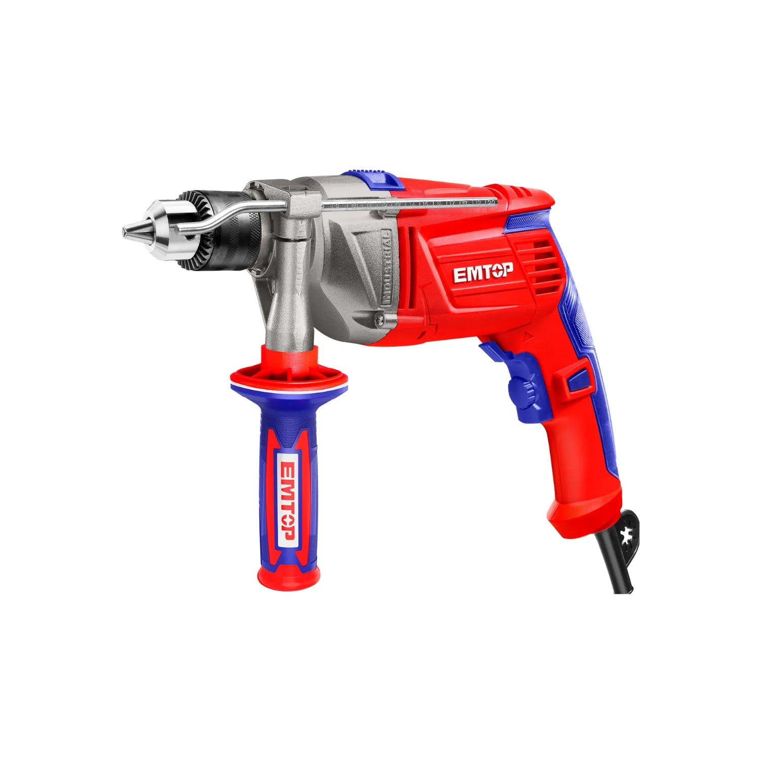 Taladro percutor eléctrico EMTOP rojo y azul con mandril de llave y mango auxiliar para uso industrial