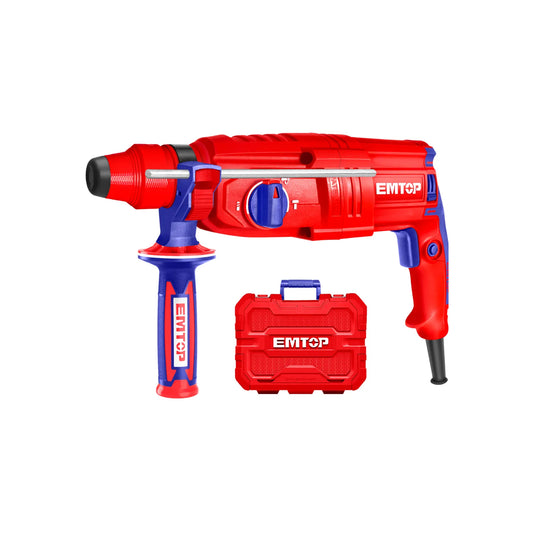 Taladro percutor eléctrico EMTQP rojo y azul con mango auxiliar y maletín de transporte.