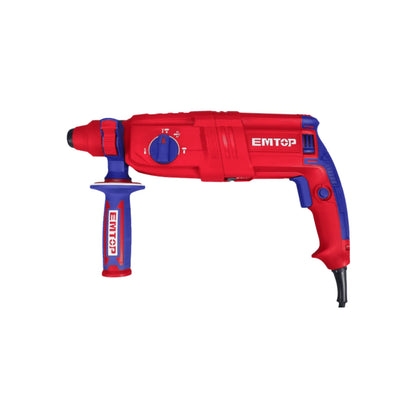 Rotomartillo eléctrico EMTOP rojo y azul con cable, selector de modos y empuñadura auxiliar.