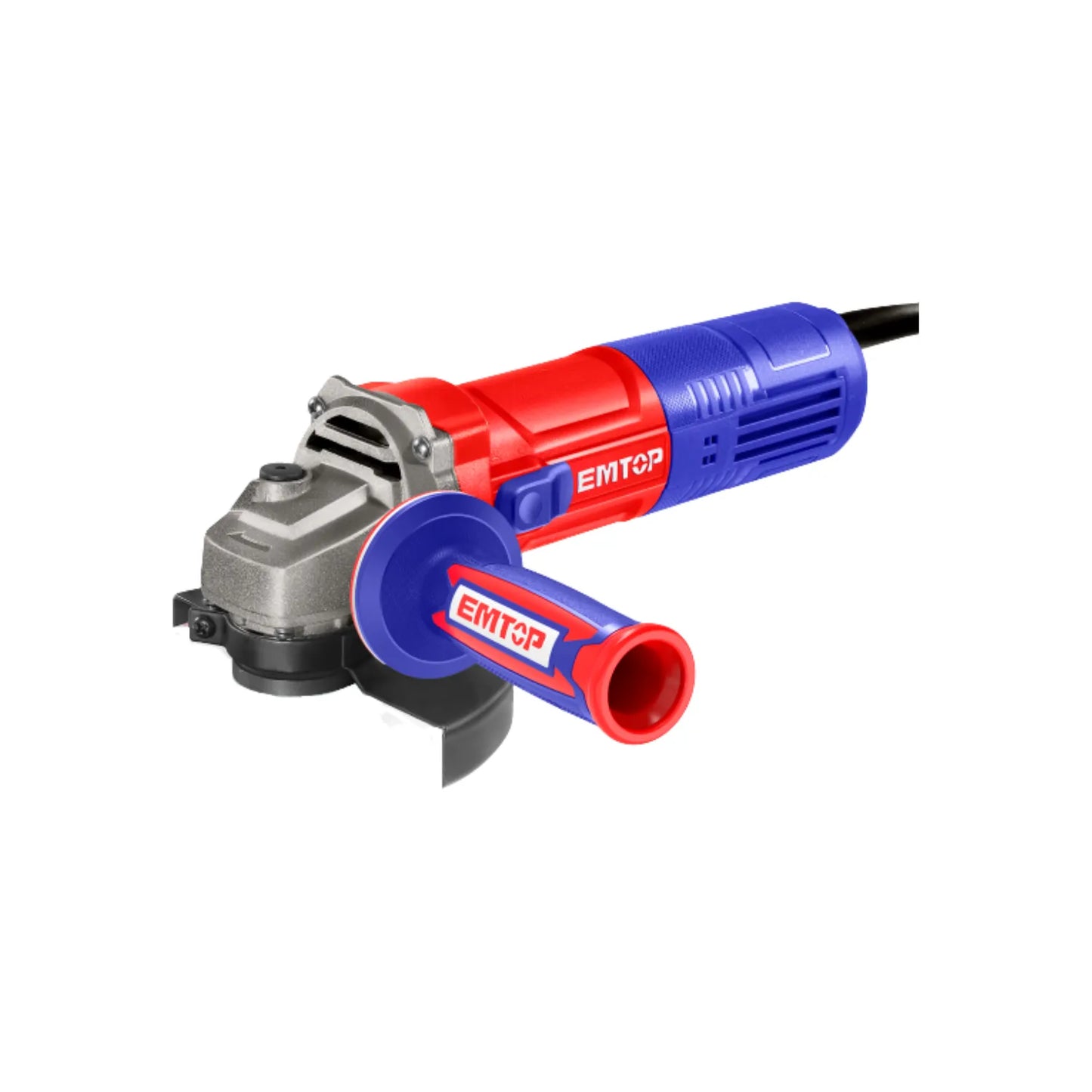 Amoladora angular eléctrica EMTOP roja y azul con mango lateral para corte y desbaste de metal.
