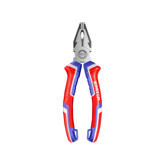 Alicates de combinación EMTOP con mangos ergonómicos rojo y azul, herramienta manual universal para corte y agarre