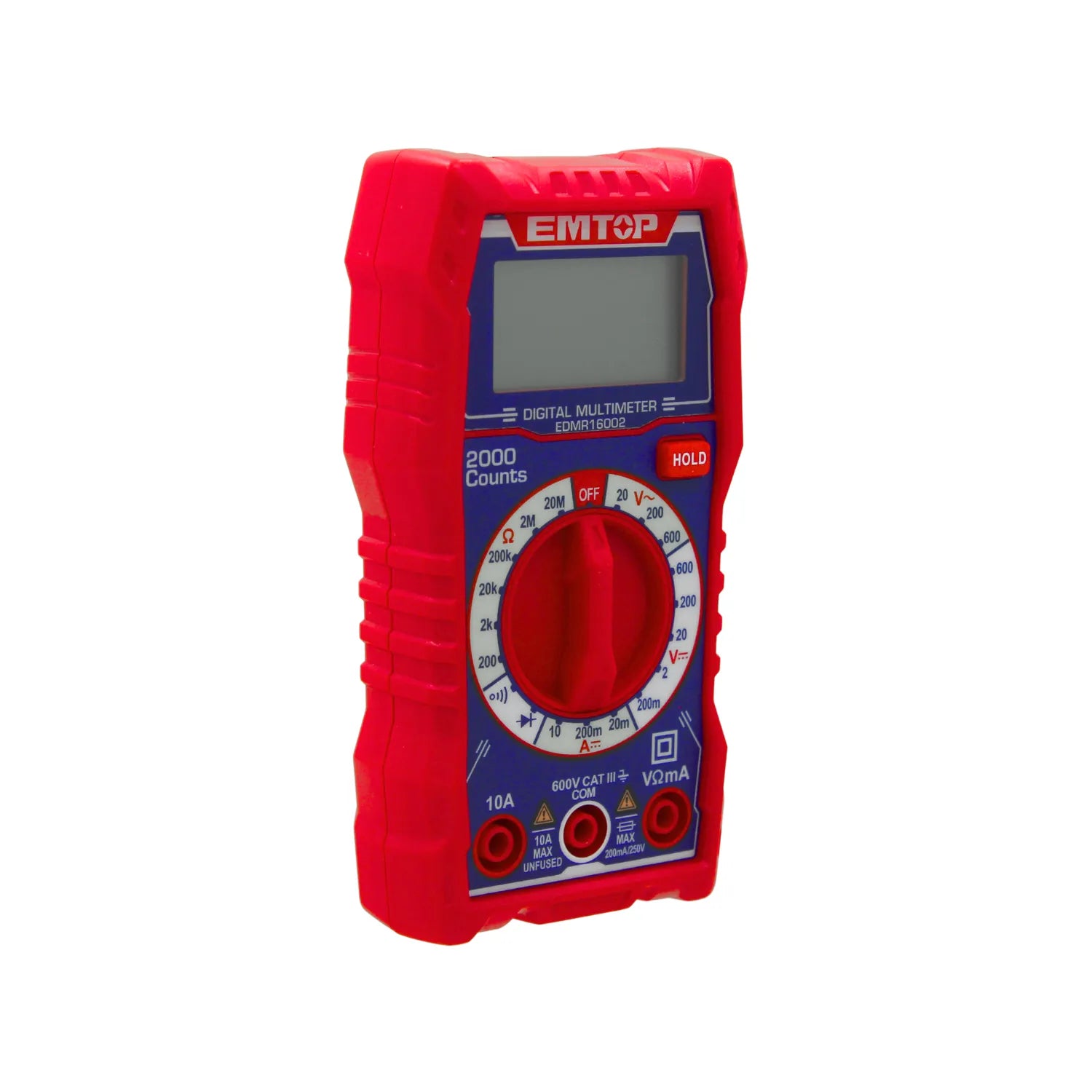 Multímetro digital EMTOP rojo con pantalla LCD y funciones de medición eléctrica EDMR16002