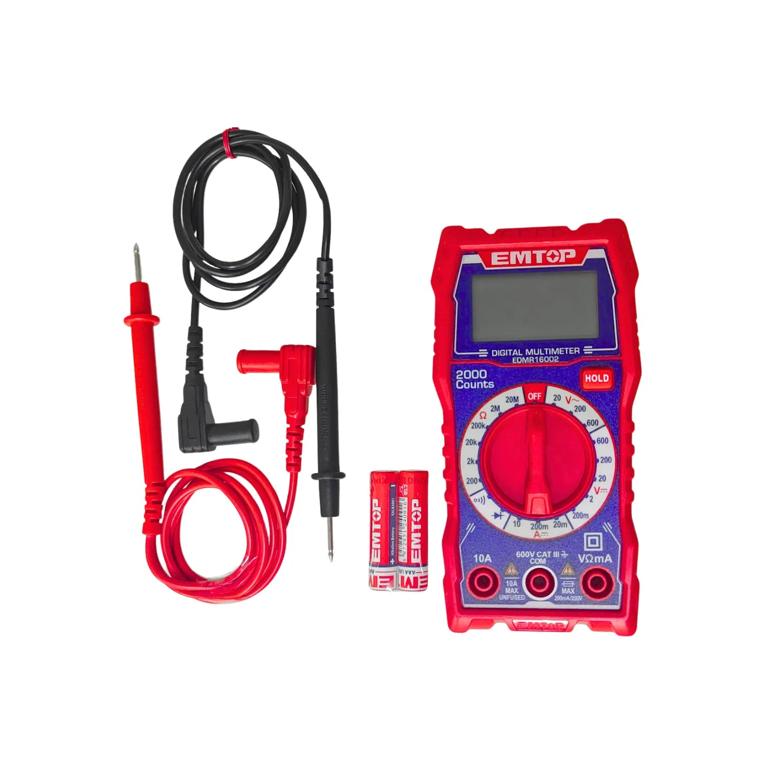 Multímetro digital rojo EMTOP con pantalla LCD, puntas de prueba y batería para mediciones eléctricas y electrónicas.