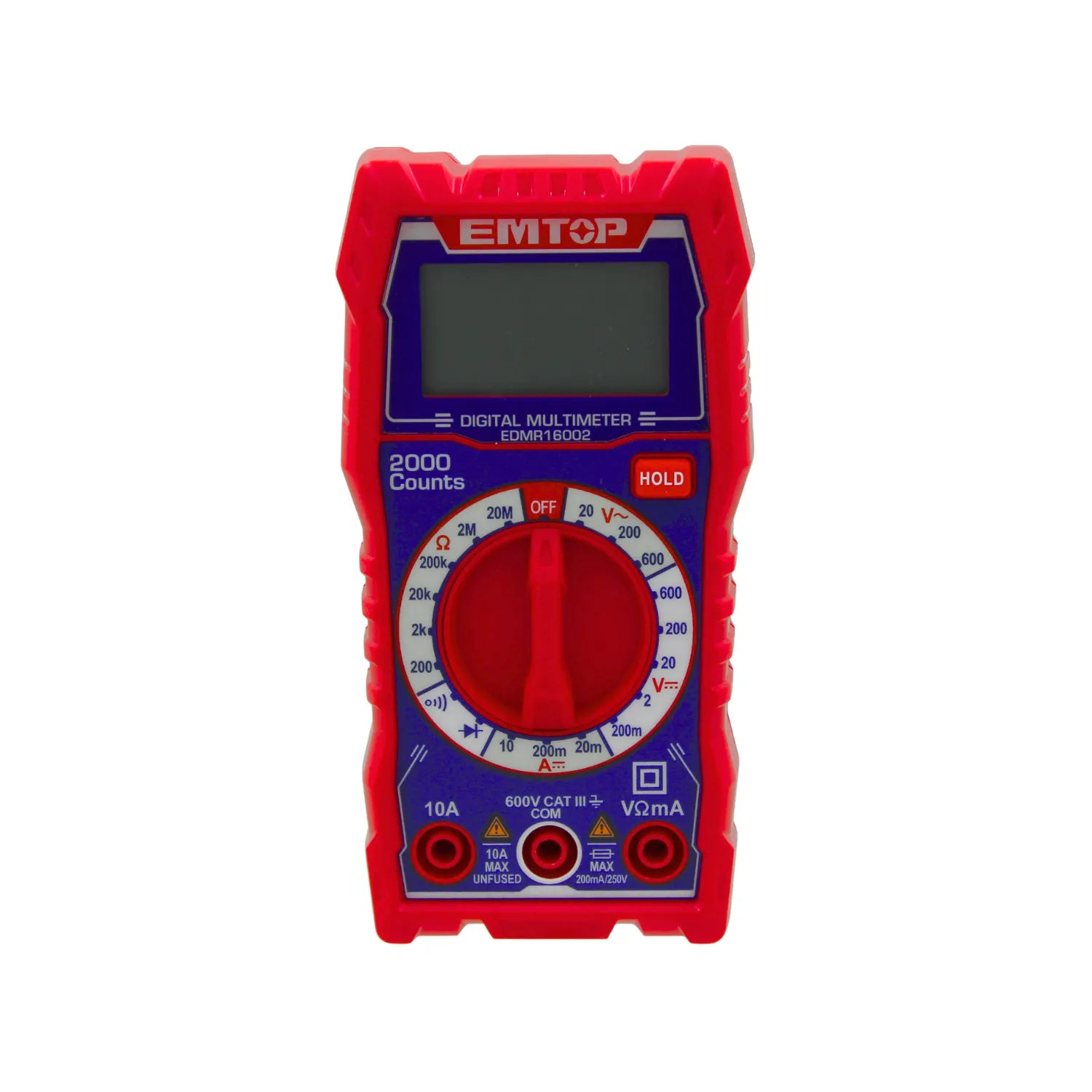Multímetro digital EMTOP EDMR16002 rojo/azul, 2000 cuentas para medición eléctrica de voltaje, corriente y resistencia.