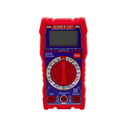 Multímetro digital EMTOP EDMR16002 rojo/azul, 2000 cuentas para medición eléctrica de voltaje, corriente y resistencia.